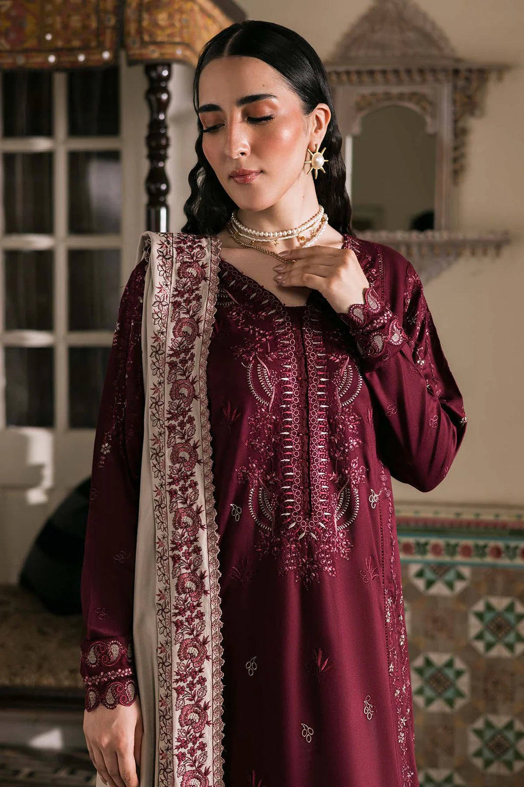 IMAGE-3PC DHANAK EMBROIDERED SHIRT WITH DHANAK EMBROIDERED SHAWL AND TROUSER-UR-4590