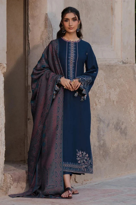 IZEL-3PC DHANAK EMBROIDERED SHIRT WITH COURTRAI PRINTED SHAWL & TROUSER-UR-4143