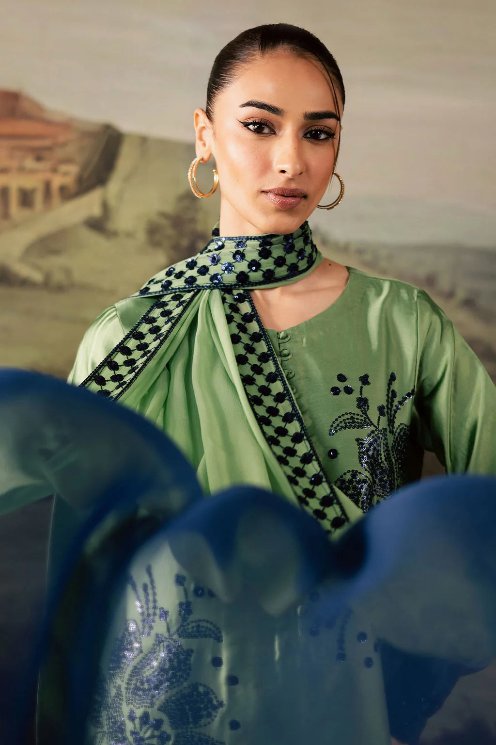 NUREH-3PC SHAMOZE SILK PRINTED EMBROIDERED SHIRT WITH SOFT SILK PRINTED EMB DUPATTA & TROUSER-UR-131