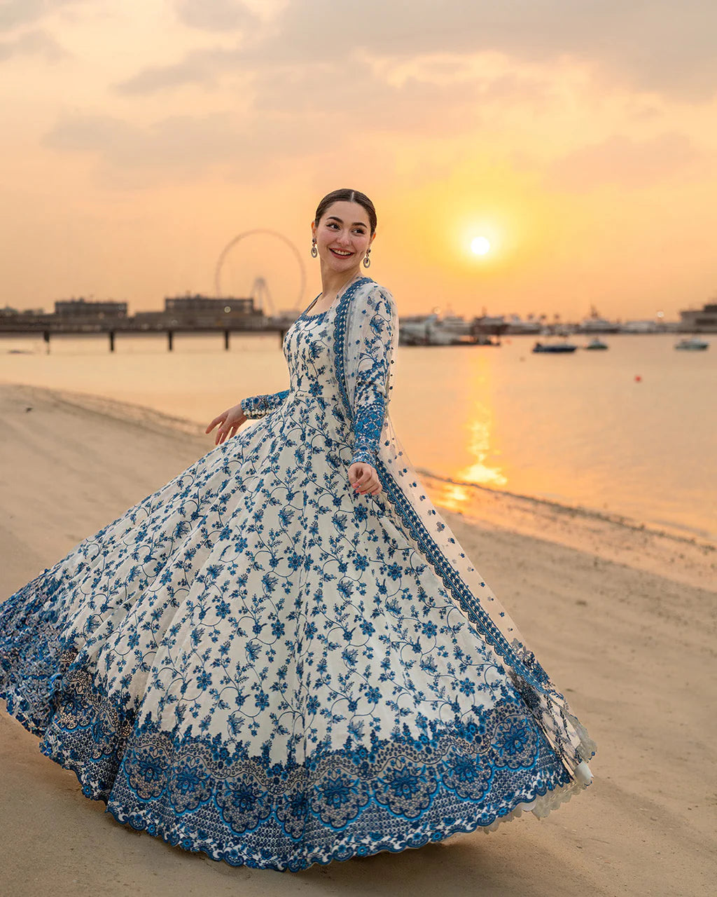 FAIZA SAQLAIN-FROCK 3PC LAWN EMBROIDERED SHIRT WITH NET EMBROIDERED DUPATTA AND TROUSER-UR-4832