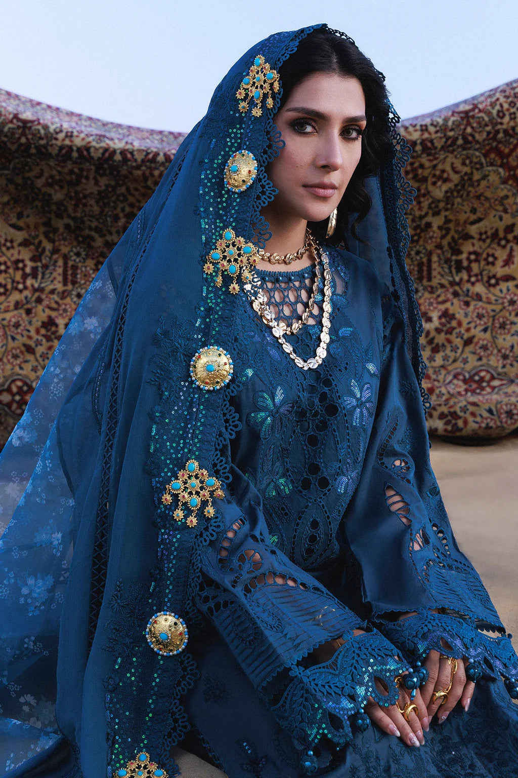 NUREH-3PC LAWN LASERWORK EMBROIDERED SHIRT WITH CHIFFON PRINTED EMB DUPATTA AND TROUSER-UR-3792