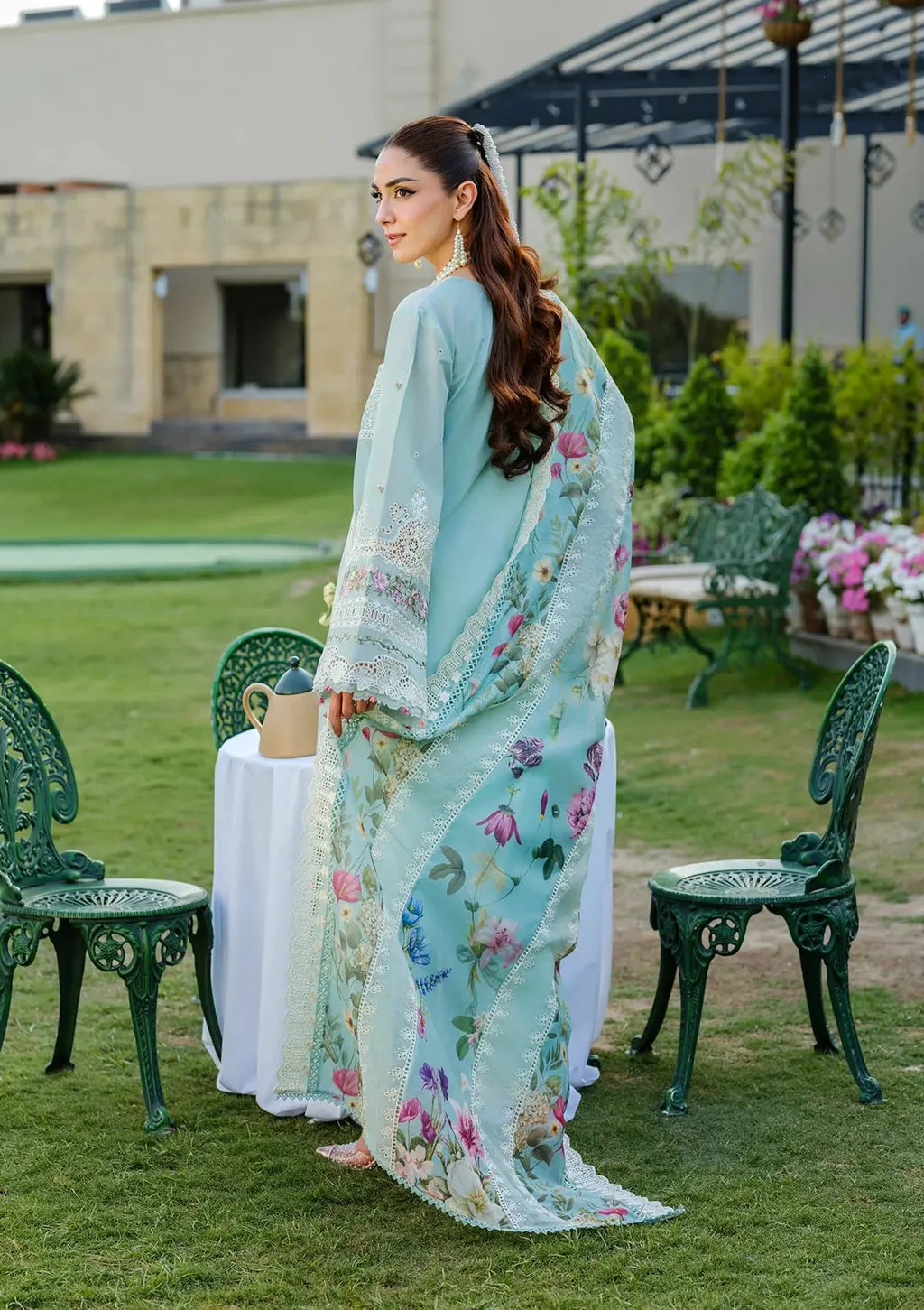ELAF-3PC LAWN CHIKANKAARI EMBROIDERED SHIRT WITH CHIFFON PRINTED DUPATTA AND TROUSER-UR-3642