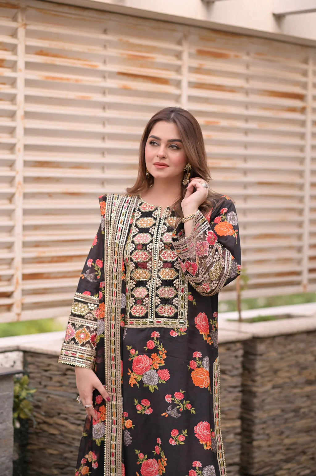 BAROQUE-3PC SHAMOZE SILK PRINTED EMBROIDERED SHIRT WITH SOFT SILK PRINTED EMB DUPATTA & PRINTED TROUSER-UR-2754