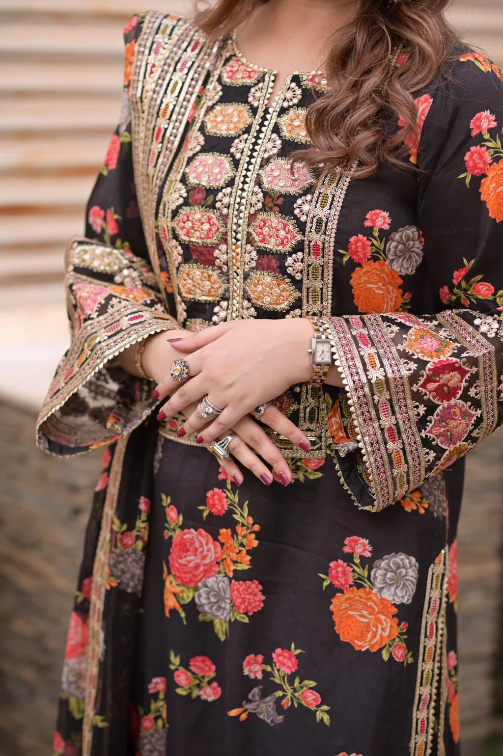 BAROQUE-3PC SHAMOZE SILK PRINTED EMBROIDERED SHIRT WITH SOFT SILK PRINTED EMB DUPATTA & PRINTED TROUSER-UR-2754