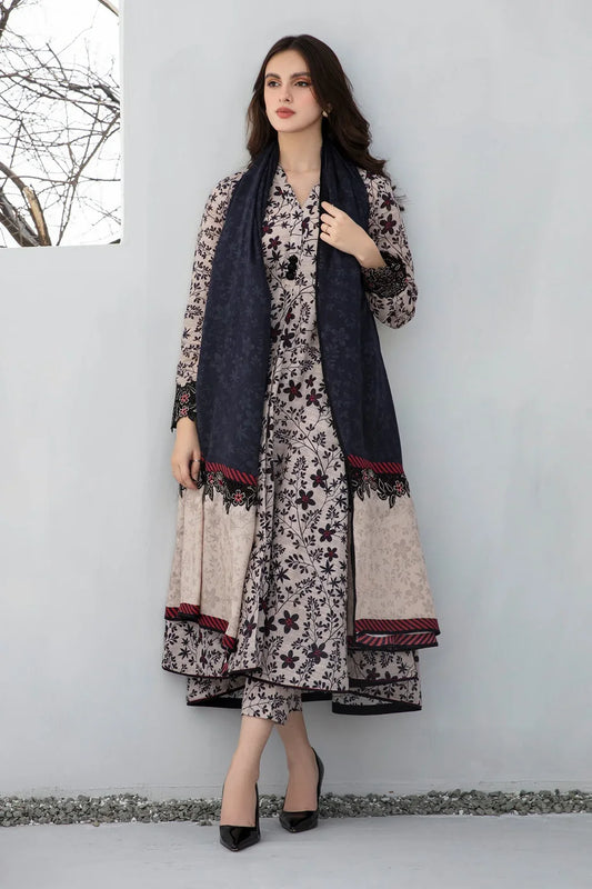 BAROUQE-3PC KHADDAR PRINTED SHIRT WITH KHADDAR PRINT DUPATTA AND PRINT TROUSER-UR-2405