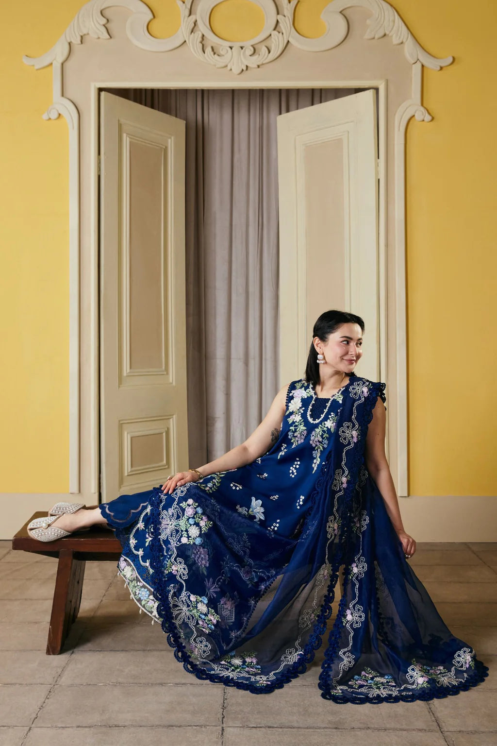 MARYAM HUSSAIN-3PC LAWN EMBROIDERED SHIRT WITH KHADDI NET EMB DUPATTA AND TROUSER-UR-4588