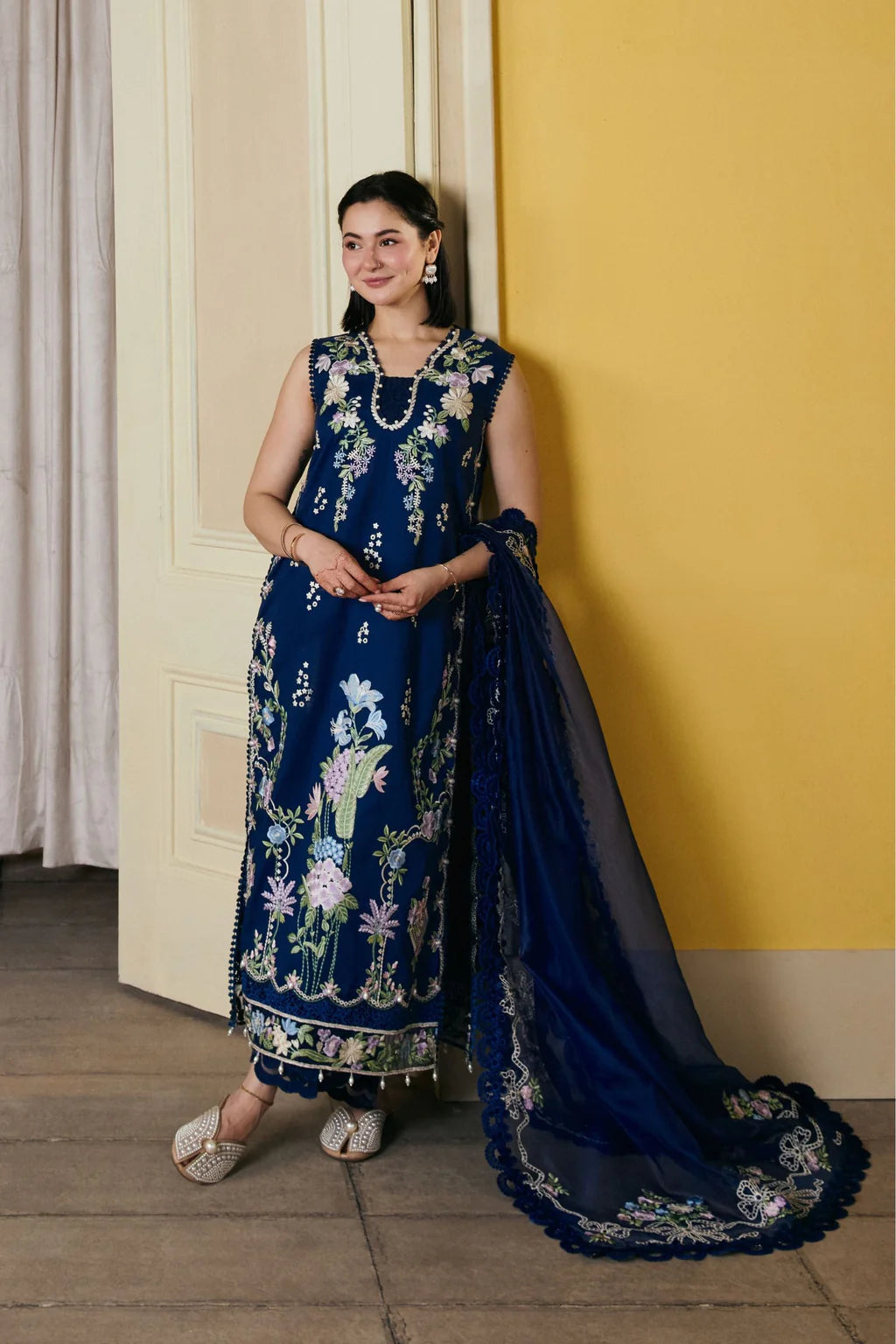 MARYAM HUSSAIN-3PC LAWN EMBROIDERED SHIRT WITH KHADDI NET EMB DUPATTA AND TROUSER-UR-4588