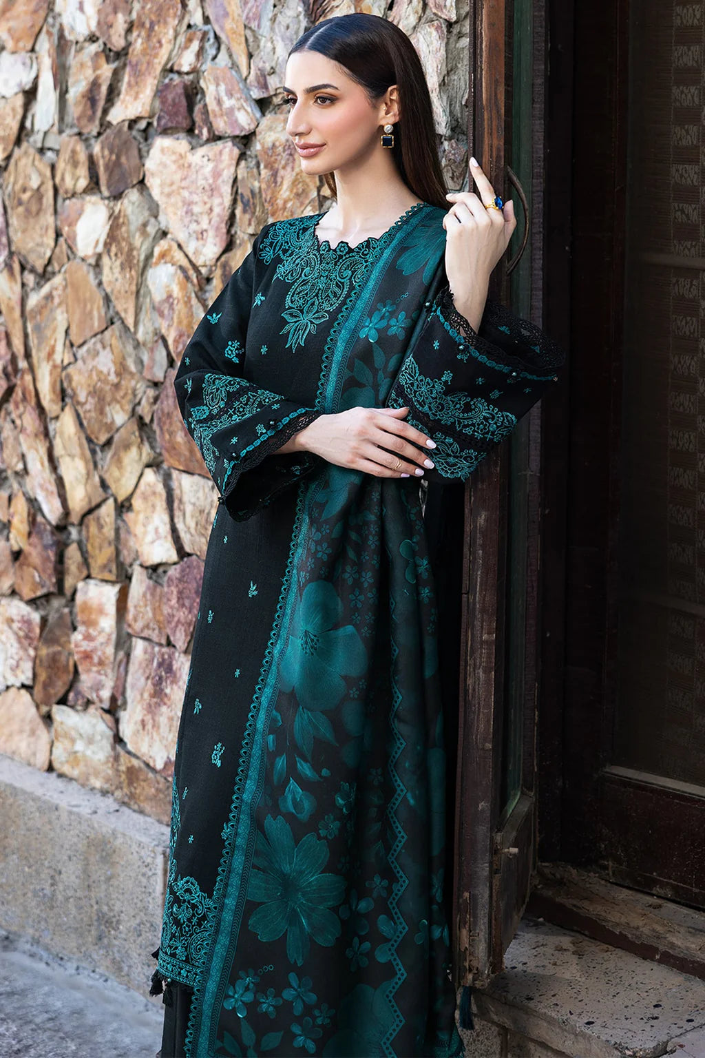 BATIK-3PC KHADDAR EMBROIDERED SHIRT WITH COURTRAI PRINTED SHAWL AND TROUSER-UR-4583