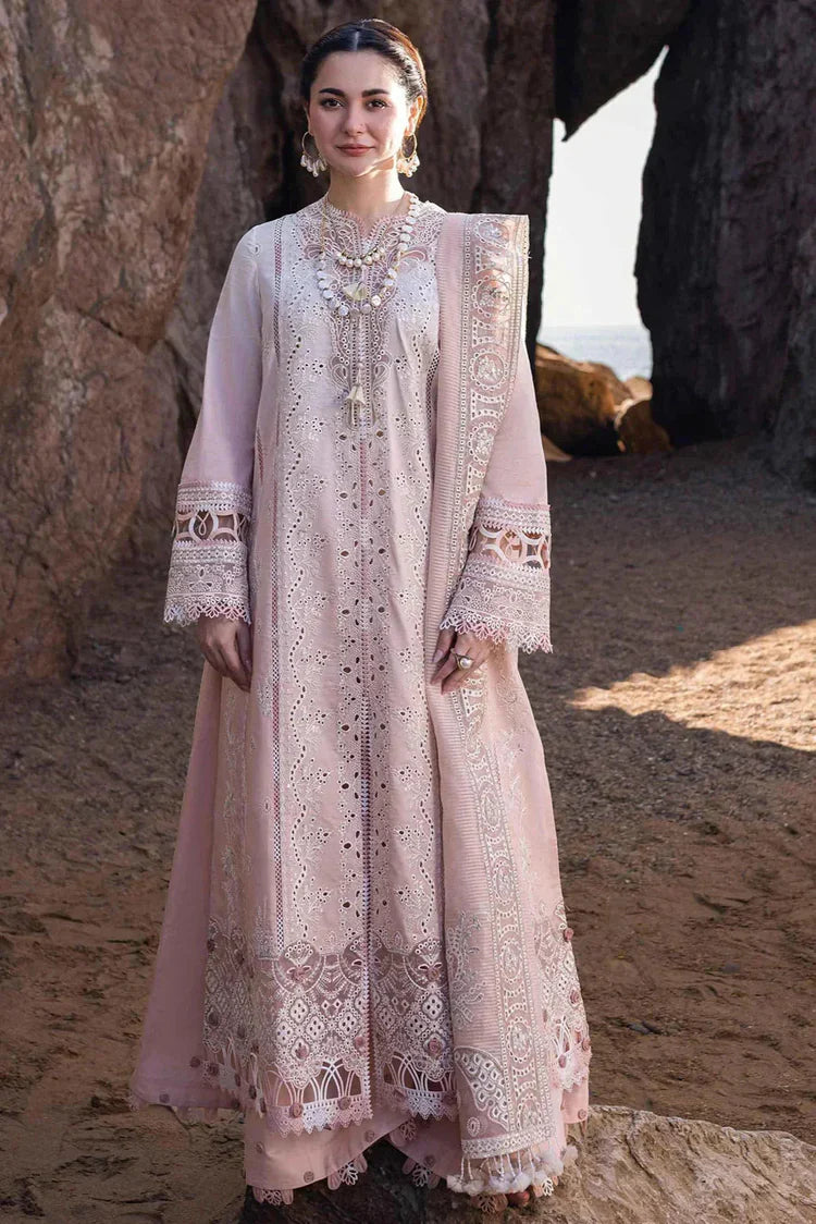 QALAMQAR-3PC LAWN LASERCUTWORK EMBROIDERED SHIRT WITH KHAADI NET EMBROIDERED DUPATTA AND TROUSER