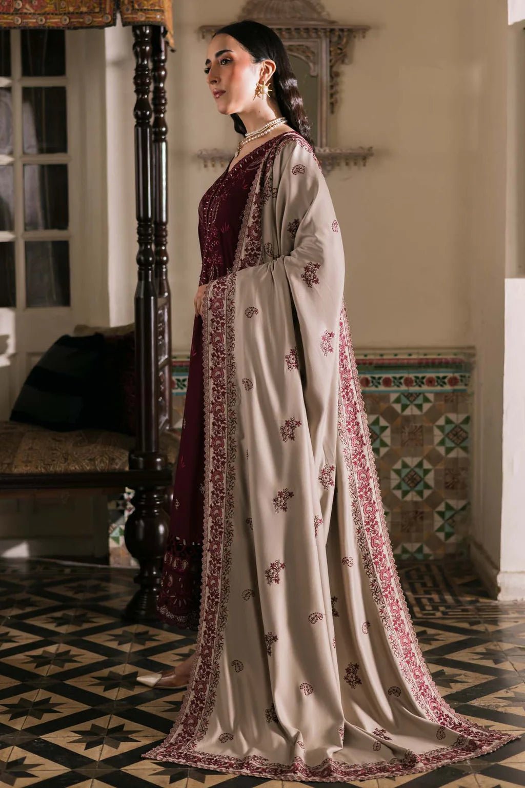 IMAGE-3PC DHANAK EMBROIDERED SHIRT WITH DHANAK EMBROIDERED SHAWL AND TROUSER-UR-4590