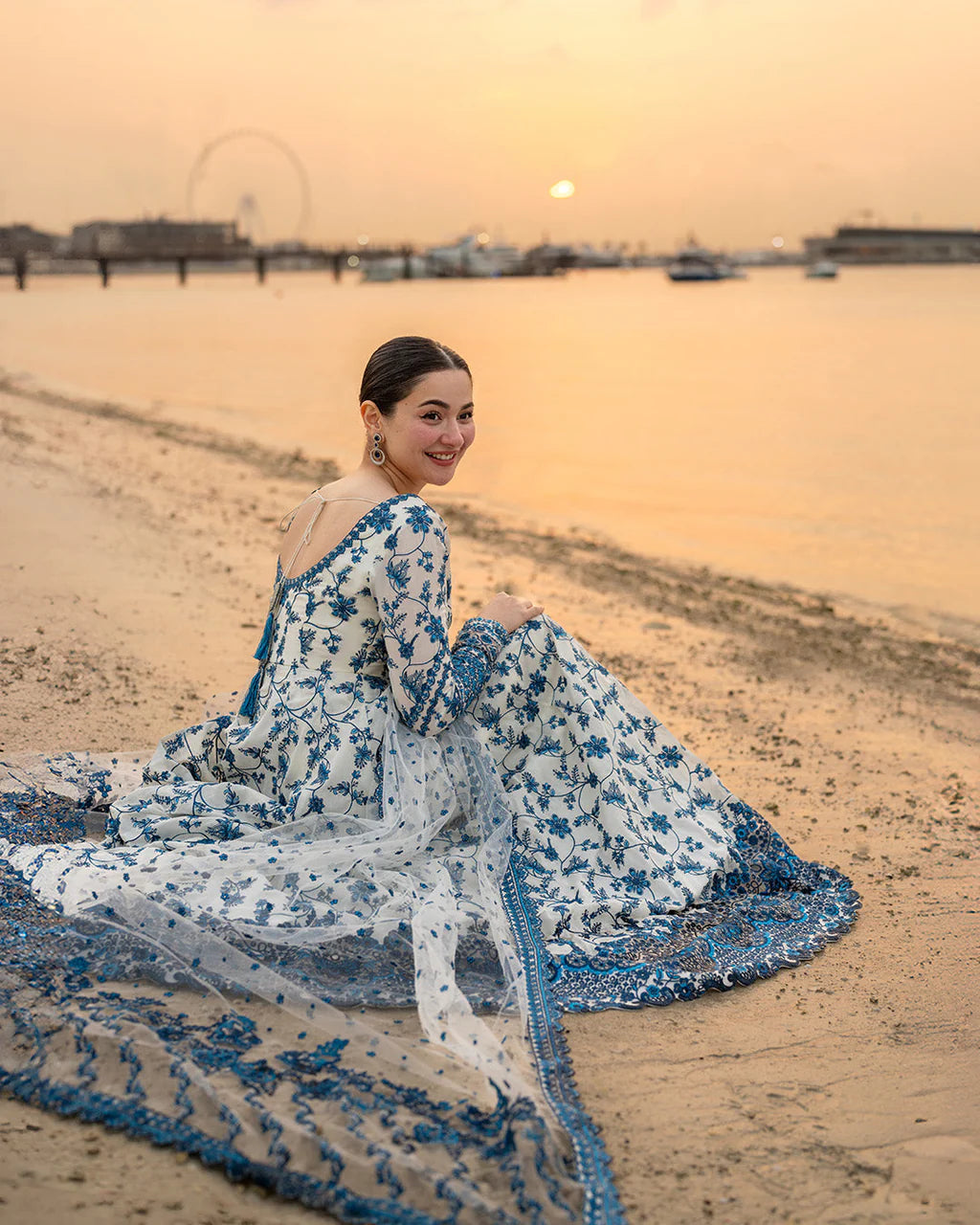 FAIZA SAQLAIN-FROCK 3PC LAWN EMBROIDERED SHIRT WITH NET EMBROIDERED DUPATTA AND TROUSER-UR-4832