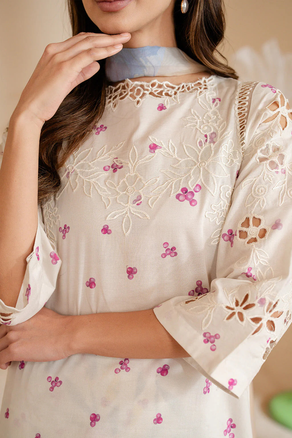 IZNIK-3PC LAWN PRINTED EMB SHIRT WITH SILK PRINTED DUPATTA AND PRINTED TROUSER-UR-523