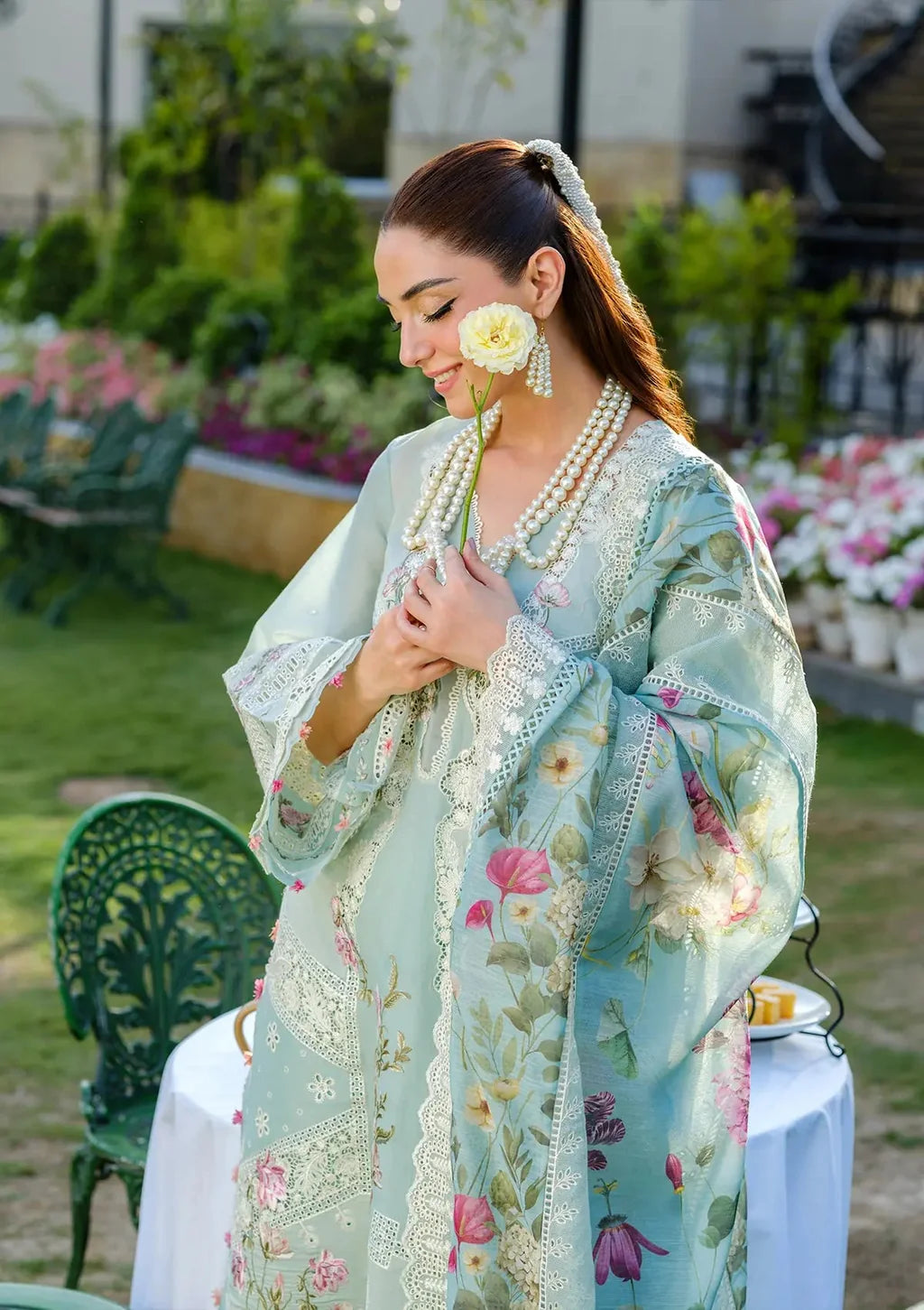 ELAF-3PC LAWN CHIKANKAARI EMBROIDERED SHIRT WITH CHIFFON PRINTED DUPATTA AND TROUSER-UR-3642