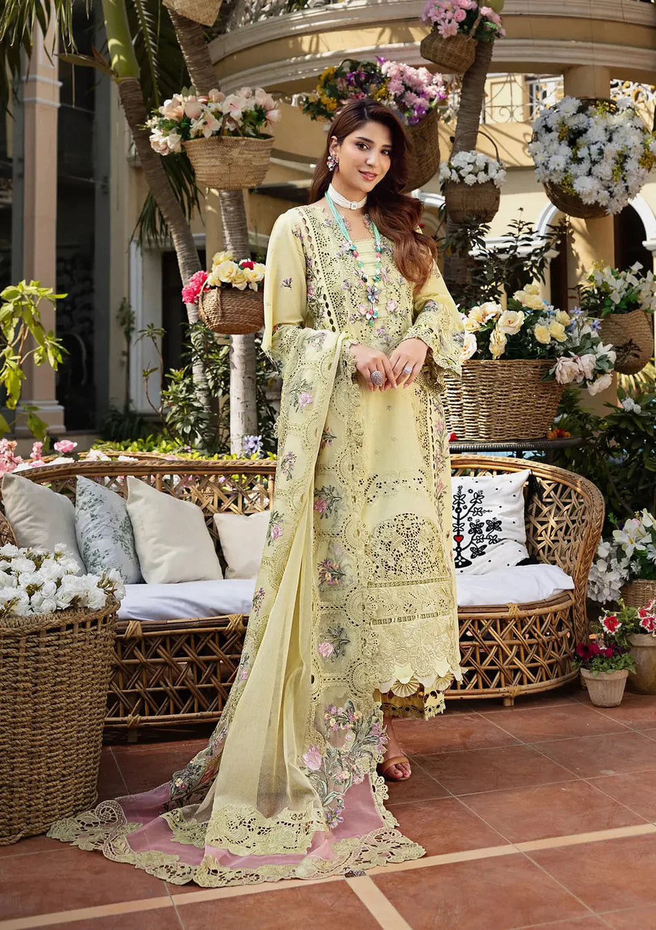 ELAF-3PC LAWN CHIKANKARI EMBROIDERED SHIRT WITH KHAADI NET EMB DUPATTA AND EMB TROUSER-UR-3510