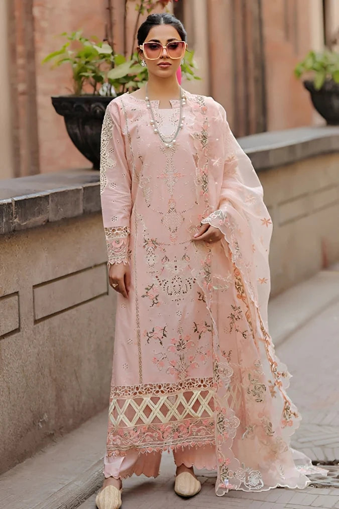 QALAMQAR-3PC LAWN CHIKAN EMBROIDERED SHIRT WITH KHADDI NET EMB DUPATTA AND TROUSER-UR-3641