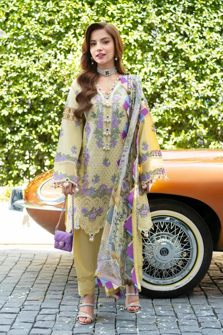 JADE-3PC LAWN CHIKENKARI EMBROIDERED SHIRT WITH CHIFFOON PRINT DUPATTA AND TROUSER-UR-3625