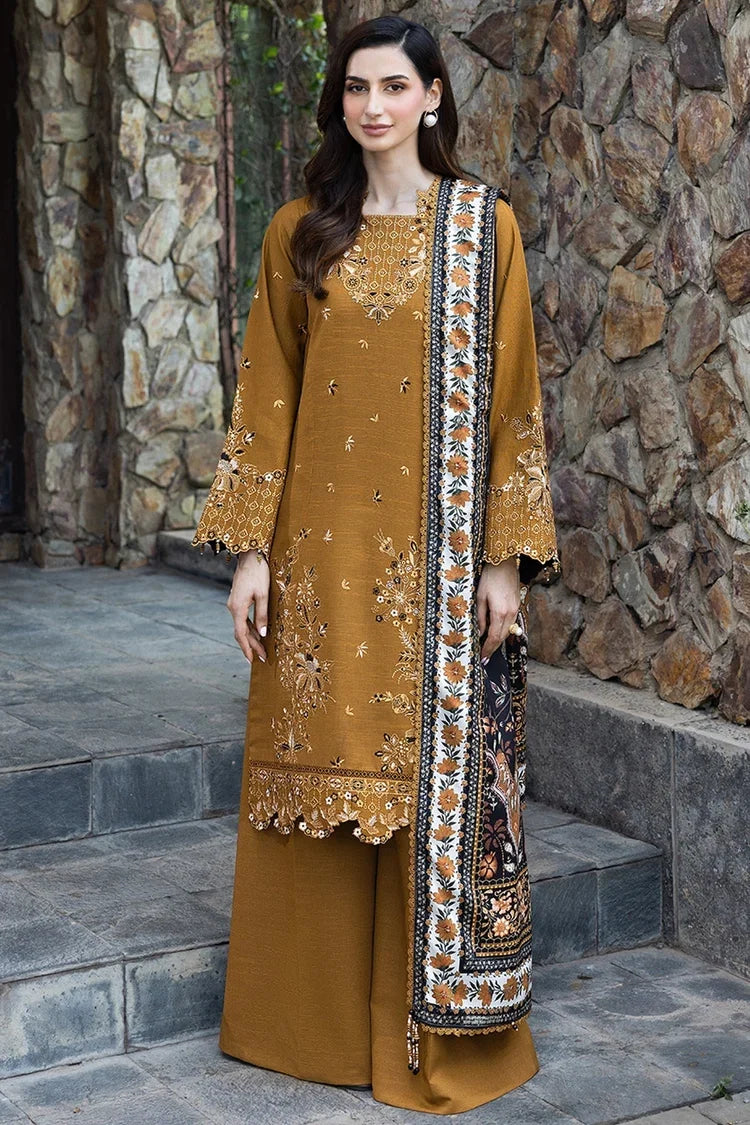 IZNIK-3PC DHANAK EMBROIDERED SHIRT WITH WOOL DIGITAL PRINT SHAWL AND TROUSER-UR-4632
