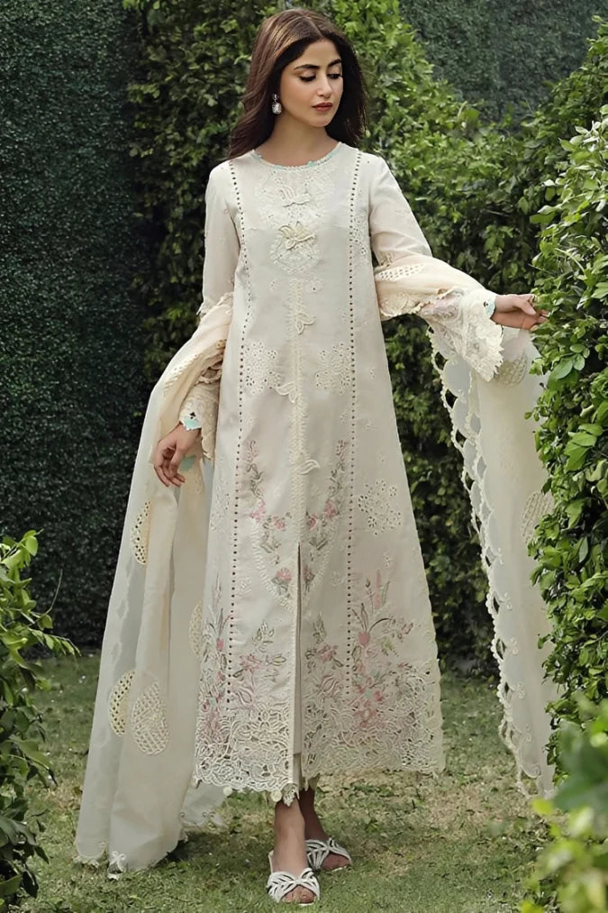 QALAMQAR-3PC LAWN CHIKAANKARI EMBROIDERED SHIRT WITH KHAADI NET EMBROIDERED DUPATTA AND TROUSER-UR-3640