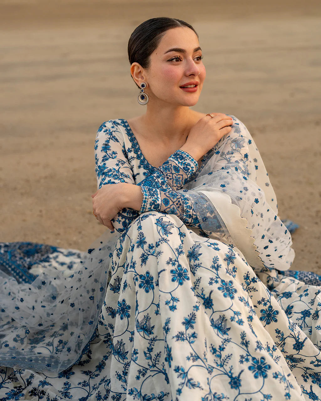 FAIZA SAQLAIN-FROCK 3PC LAWN EMBROIDERED SHIRT WITH NET EMBROIDERED DUPATTA AND TROUSER-UR-4832