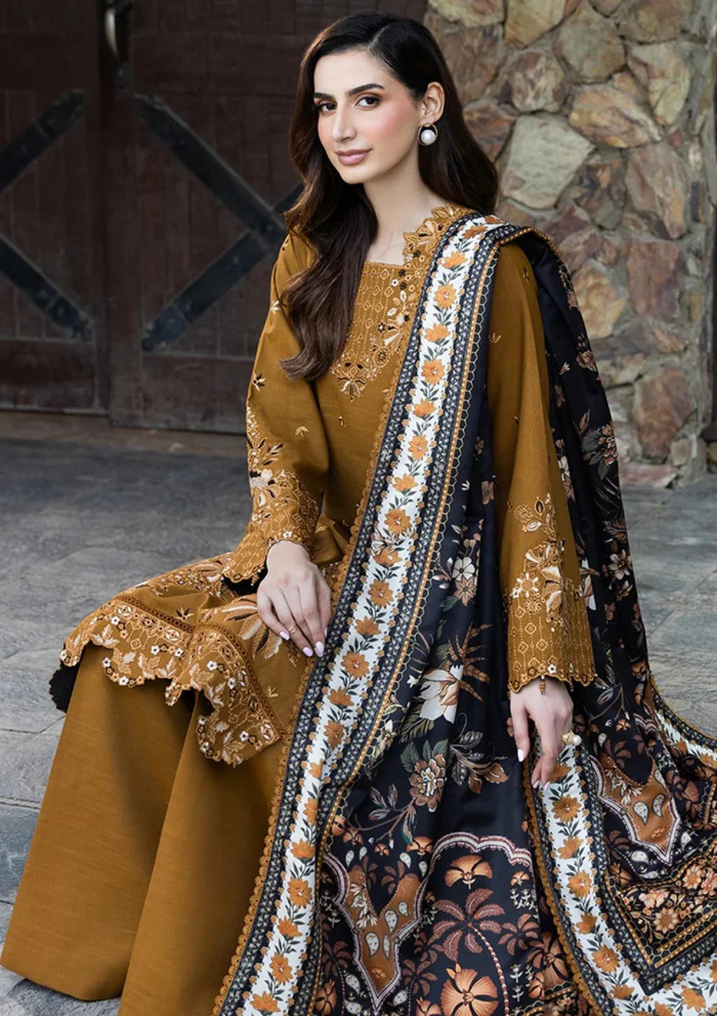 IZNIK-3PC DHANAK EMBROIDERED SHIRT WITH WOOL DIGITAL PRINT SHAWL AND TROUSER-UR-4632