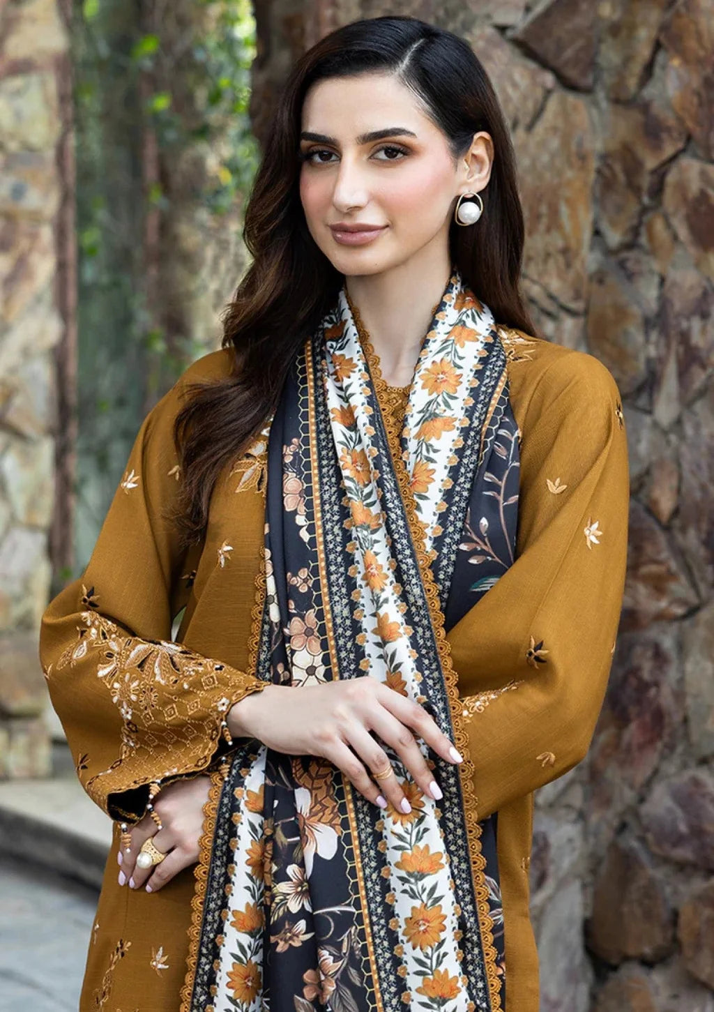 IZNIK-3PC DHANAK EMBROIDERED SHIRT WITH WOOL DIGITAL PRINT SHAWL AND TROUSER-UR-4632
