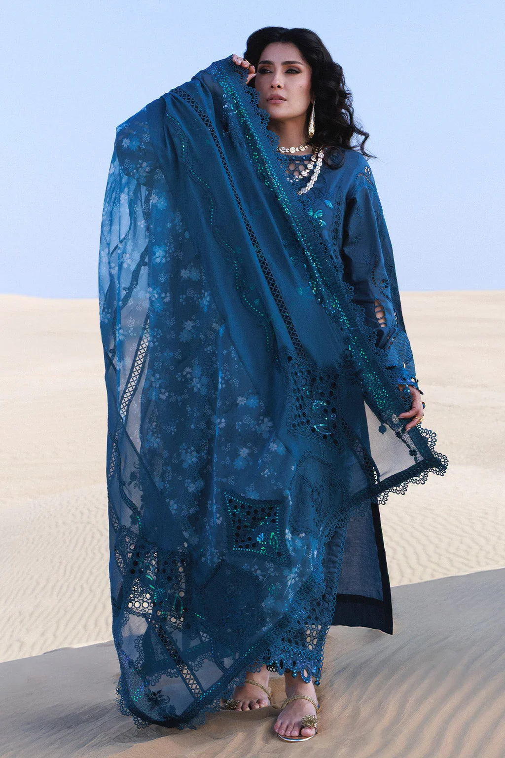 NUREH-3PC LAWN LASERWORK EMBROIDERED SHIRT WITH CHIFFON PRINTED EMB DUPATTA AND TROUSER-UR-3792