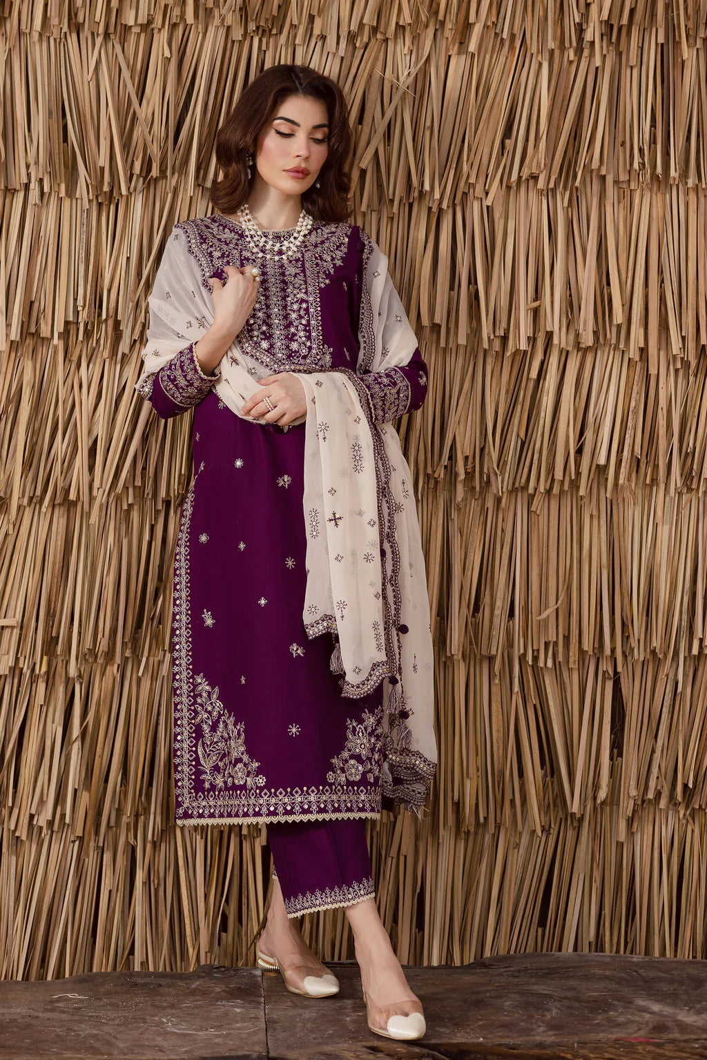 BATIK-3PC DHANAK EMBROIDERED SHIRT WITH DHANAK EMBROIDERED SHAWL AND TROUSER-UR-4145