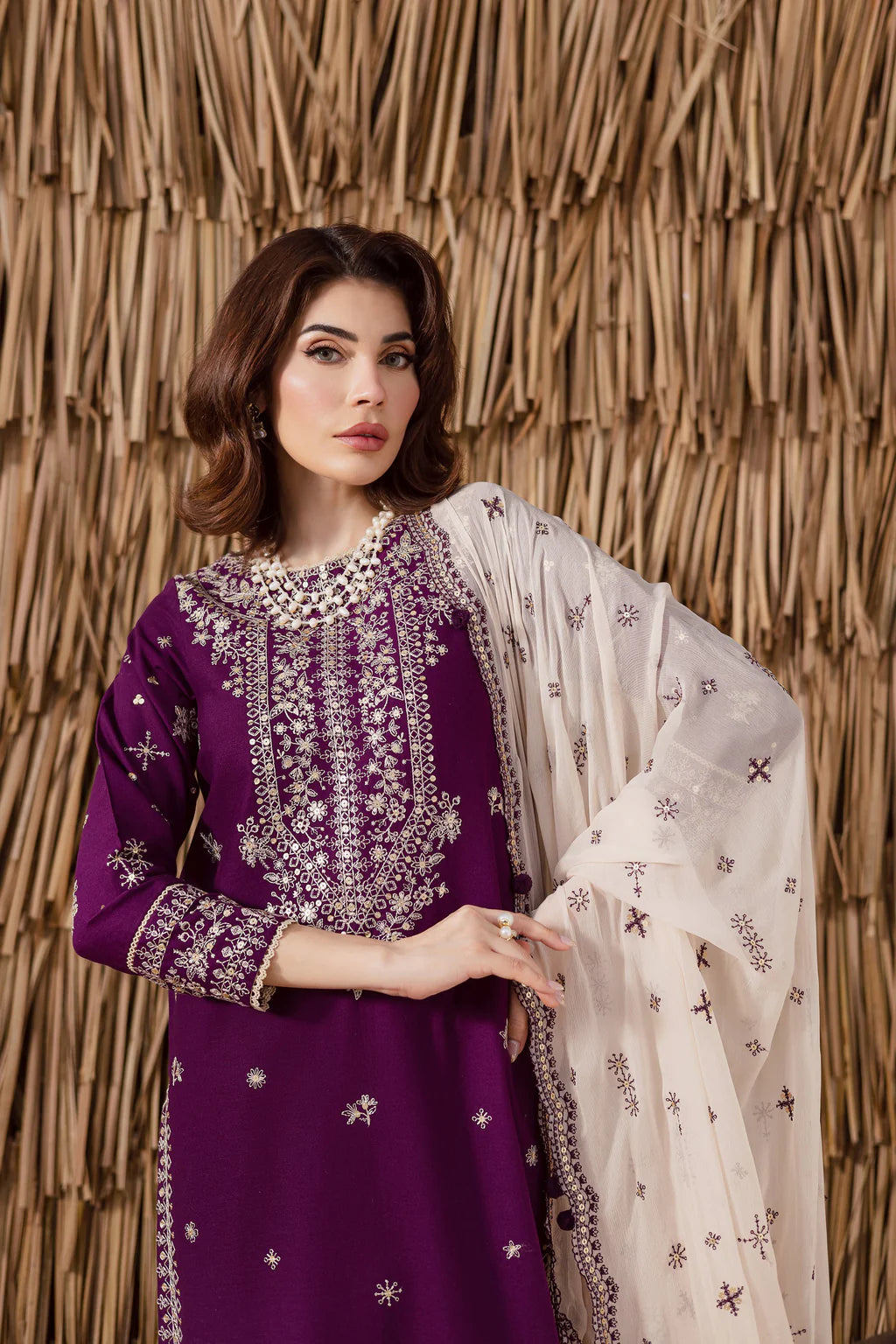 BATIK-3PC DHANAK EMBROIDERED SHIRT WITH DHANAK EMBROIDERED SHAWL AND TROUSER-UR-4145