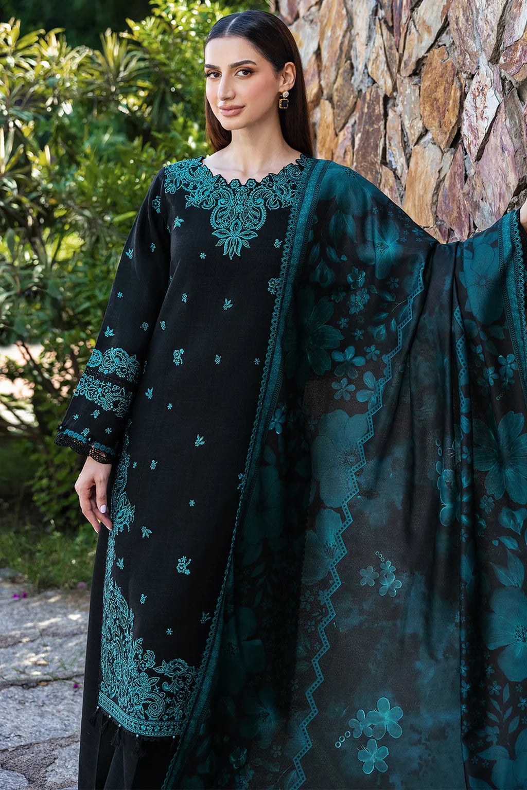 BATIK-3PC KHADDAR EMBROIDERED SHIRT WITH COURTRAI PRINTED SHAWL AND TROUSER-UR-4583