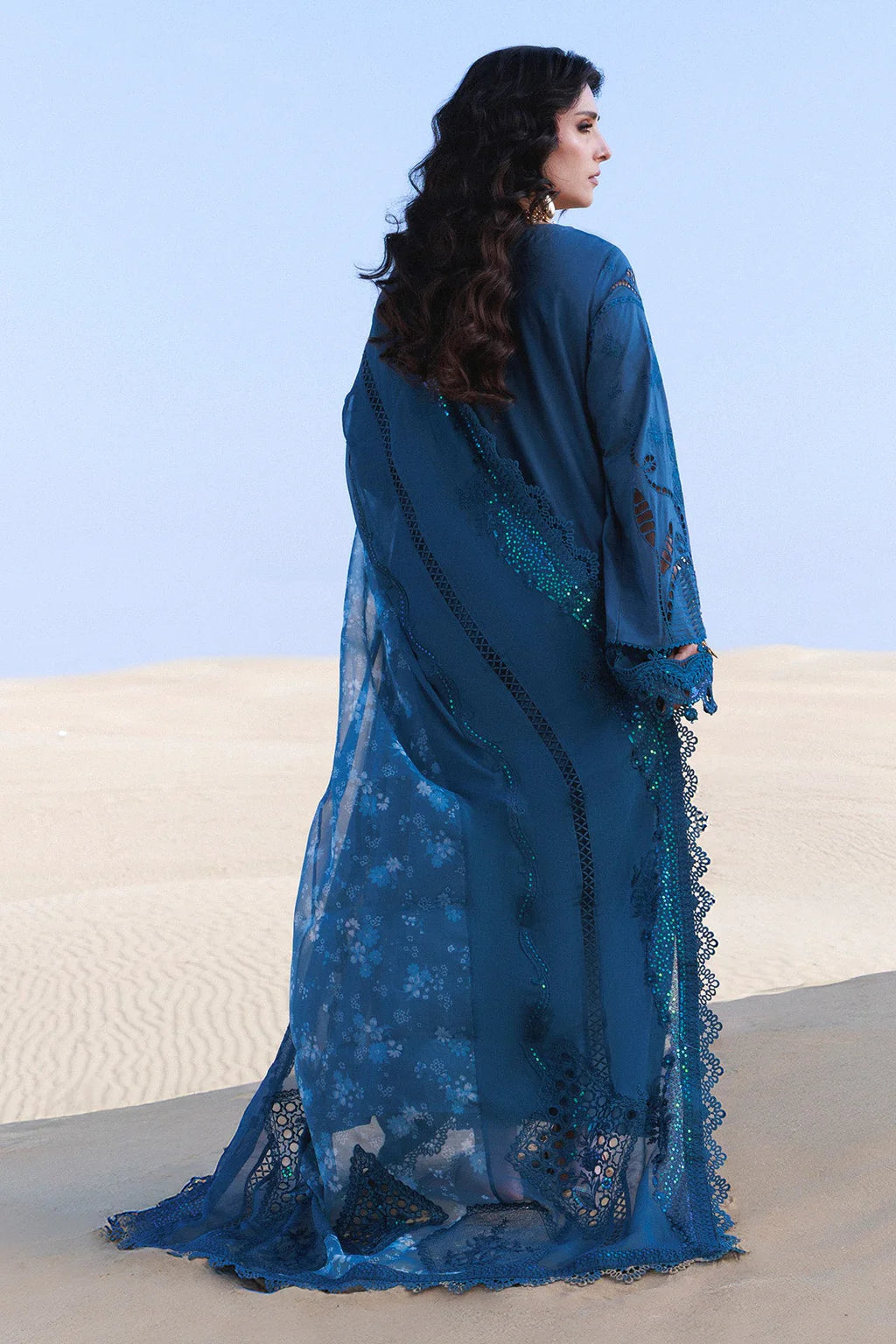 NUREH-3PC LAWN LASERWORK EMBROIDERED SHIRT WITH CHIFFON PRINTED EMB DUPATTA AND TROUSER-UR-3792