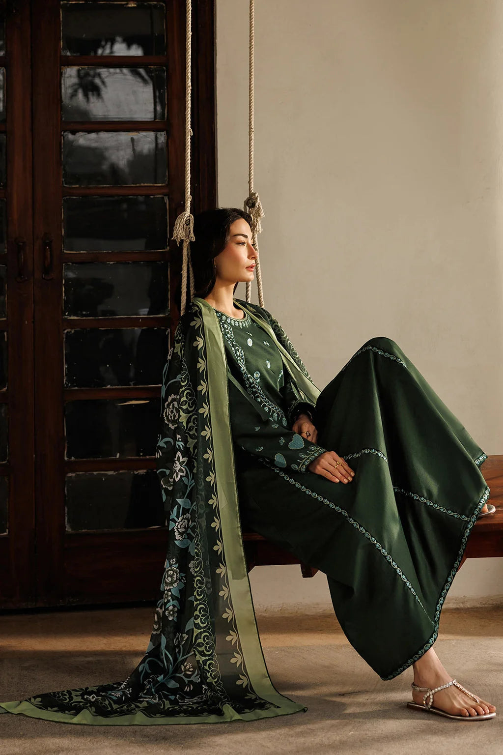 ETHNC-3PC LAWN EMBROIDERED SHIRT WITH SILK PRINTED DUPATTA AND TROUSER-UR-4531