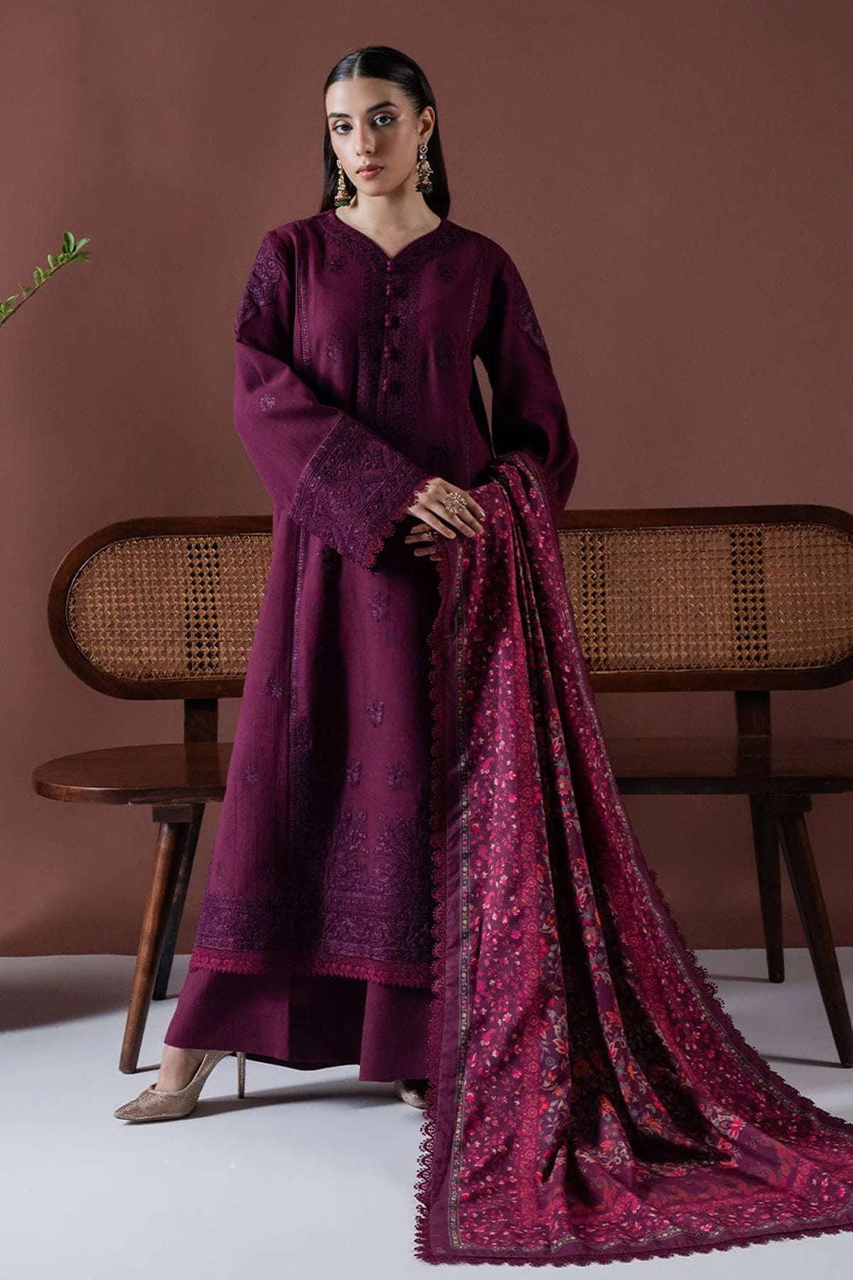 ASIM JOFA-3PC DHANAK EMBROIDERED SHIRT WITH COURTRAI PRINTED SHAWL & TOUSER-UR-4089