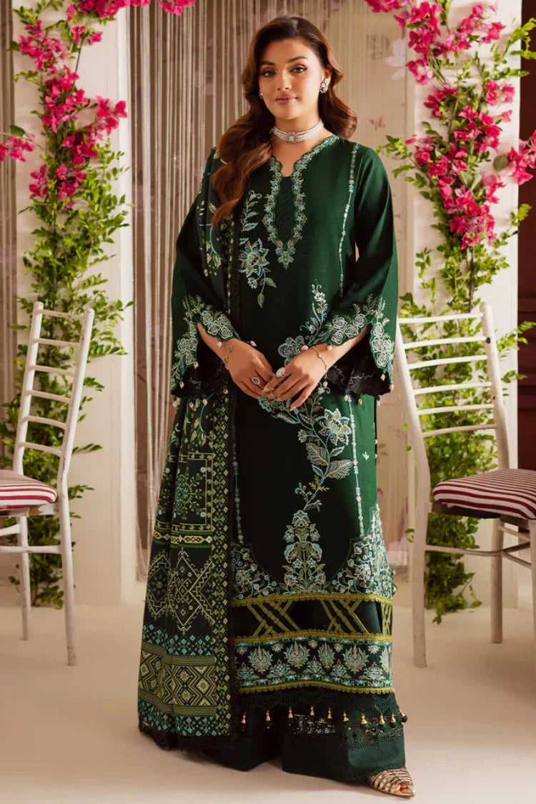 MAHNUR-3PC DHANAK EMBROIDERED SHIRT WITH COURTRAI PRINTED SHAWL & TROUSER-UR-4154