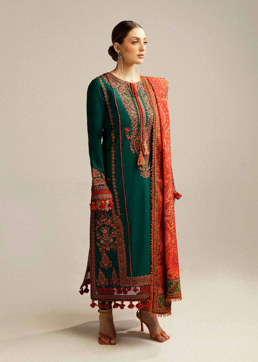 HUSSAIN REHAR-3PC DHANAK EMBROIDERED SHIRT WITH COURTRAI PRINTED SHAWL AND TROUSER-UR-4063