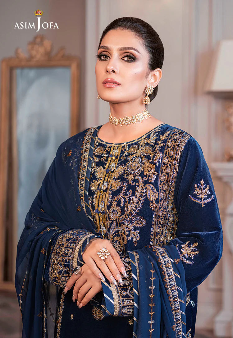 ASIM JOFA-3PC VELVET EMBROIDERED SHIRT WITH CHIFFON EMBROIDERED DUPATTA & TROUSER-UR- 5092