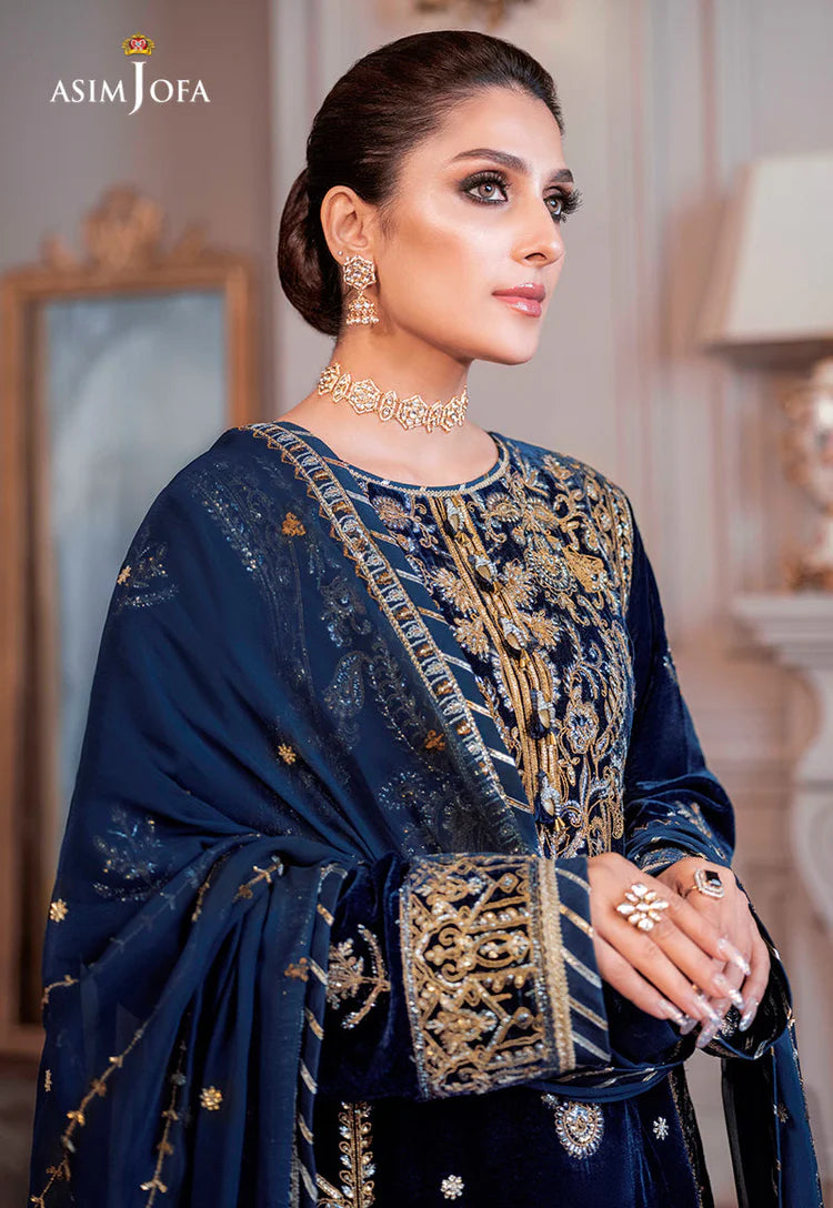 ASIM JOFA-3PC VELVET EMBROIDERED SHIRT WITH CHIFFON EMBROIDERED DUPATTA & TROUSER-UR- 5092