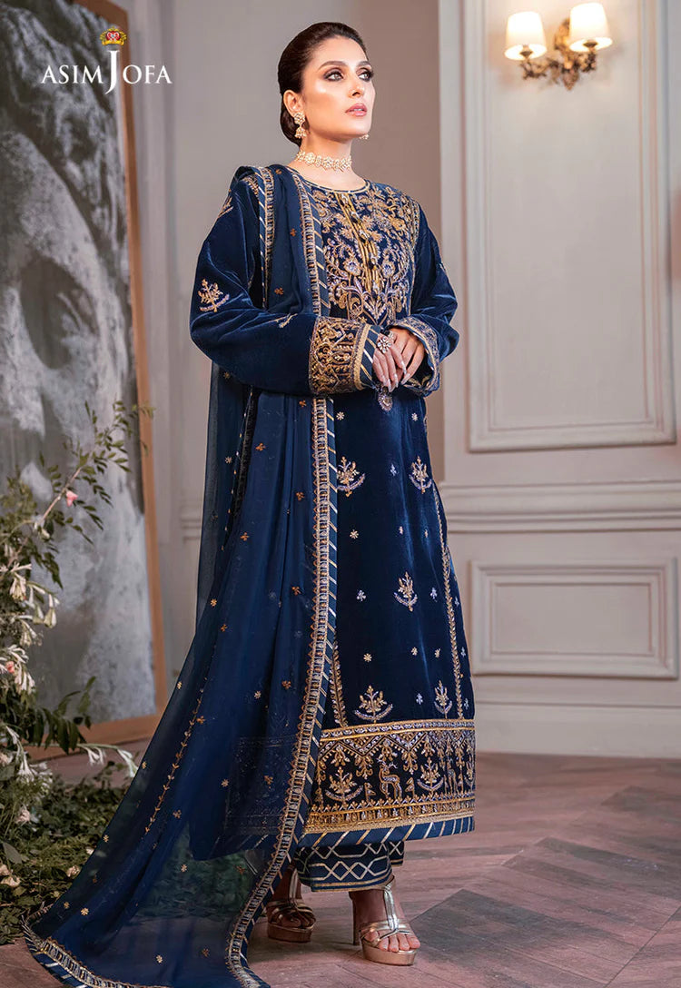 ASIM JOFA-3PC VELVET EMBROIDERED SHIRT WITH CHIFFON EMBROIDERED DUPATTA & TROUSER-UR- 5092