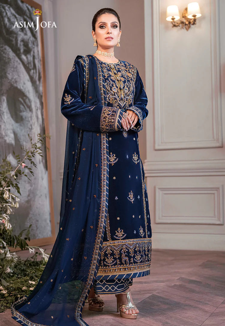 ASIM JOFA-3PC VELVET EMBROIDERED SHIRT WITH CHIFFON EMBROIDERED DUPATTA & TROUSER-UR- 5092