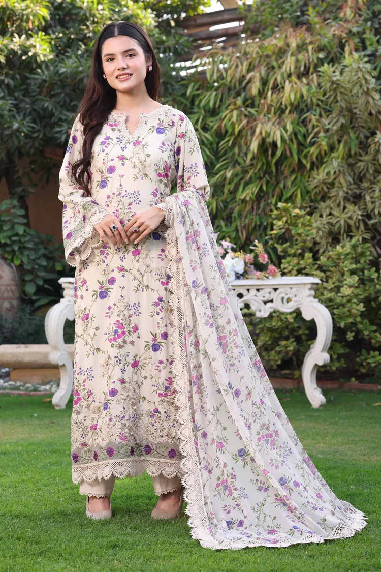 ANEELAS-3PC LAWN PRINTED CHIKAN EMB SHIRT WITH SILK PRINTED DUPATTA AND TROUSER-531