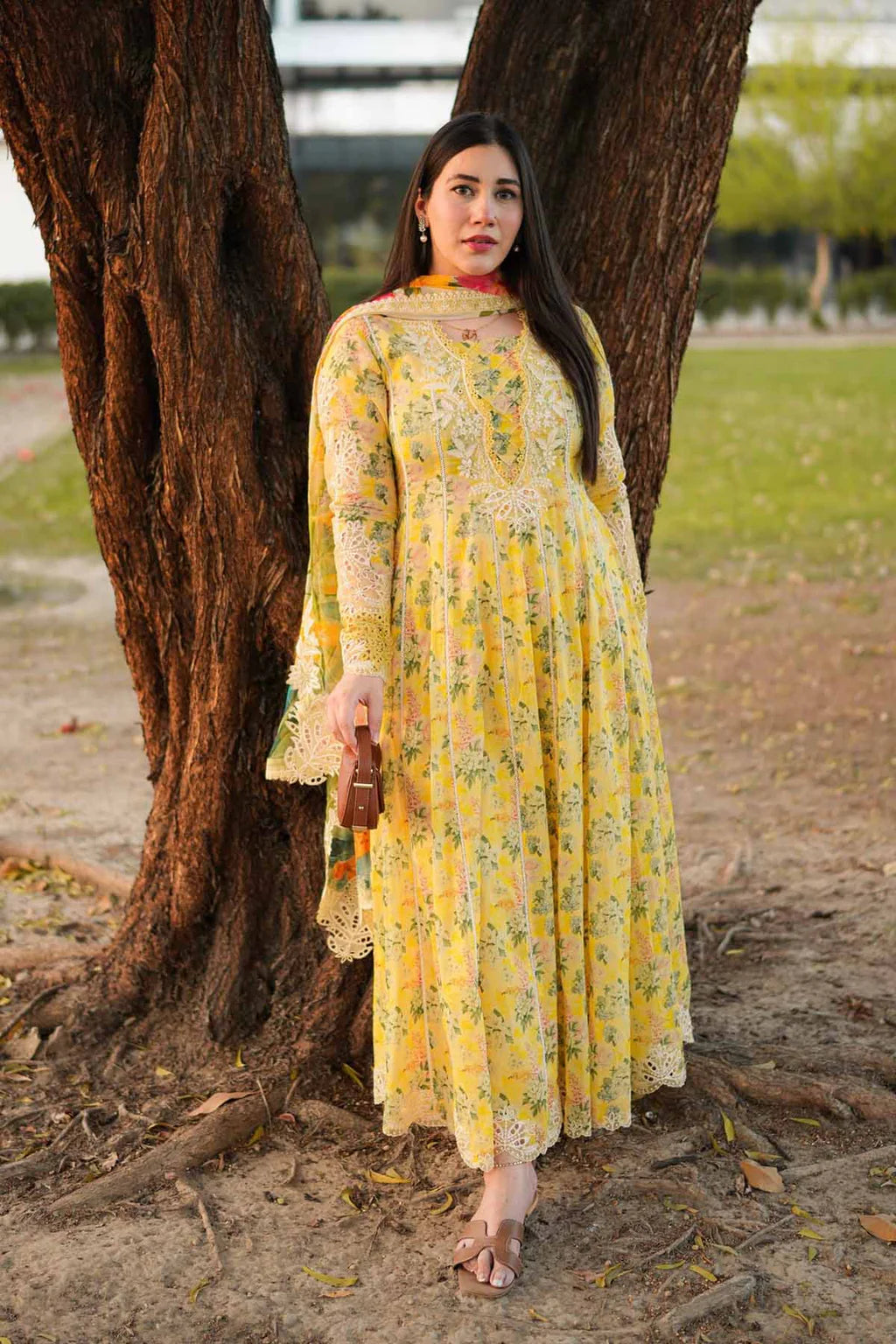 ANEELAS-3PC LAWN PRINTED EMB FROCK WITH SILK PRINTED EMB DUPATTA AND DYED TROUSER-UR-569