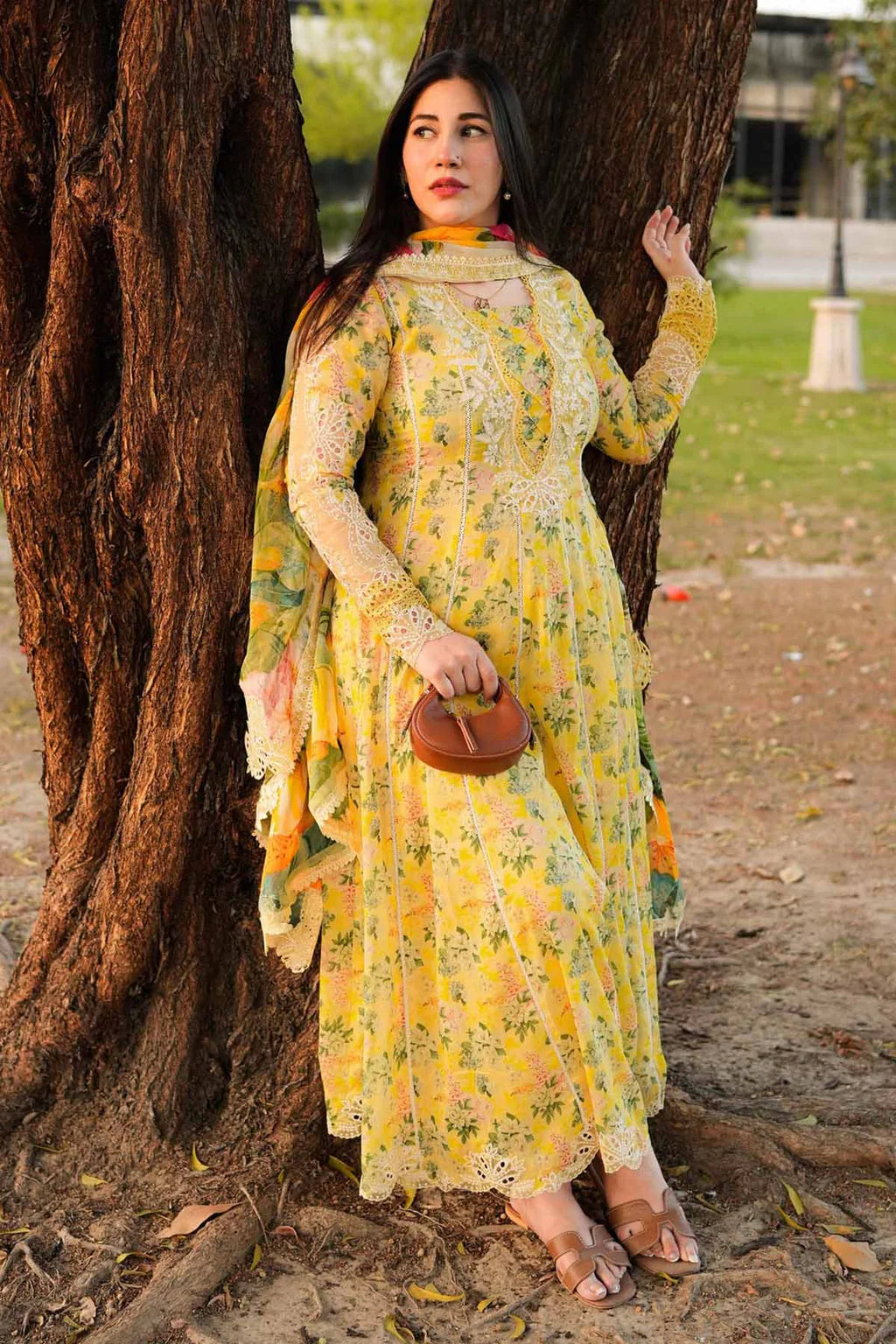 ANEELAS-3PC LAWN PRINTED EMB FROCK WITH SILK PRINTED EMB DUPATTA AND DYED TROUSER-UR-569