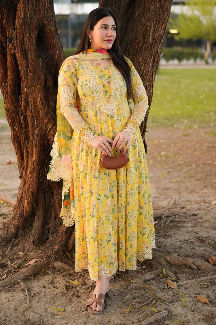 ANEELAS-3PC LAWN PRINTED EMB FROCK WITH SILK PRINTED EMB DUPATTA AND DYED TROUSER-UR-569