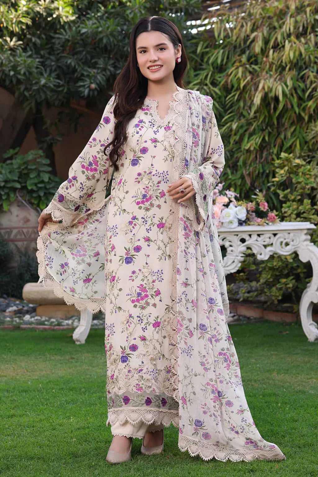 ANEELAS-3PC LAWN PRINTED CHIKAN EMB SHIRT WITH SILK PRINTED DUPATTA AND TROUSER-531