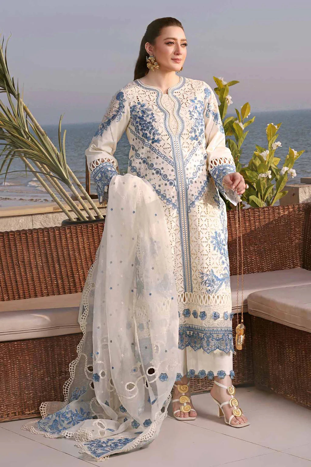 ANEELAS-3PC LAWN EMBROIDERED SHIRT WITH ORGANZA EMBROIDERED DUPATTA AND TROUSER-UR-4566