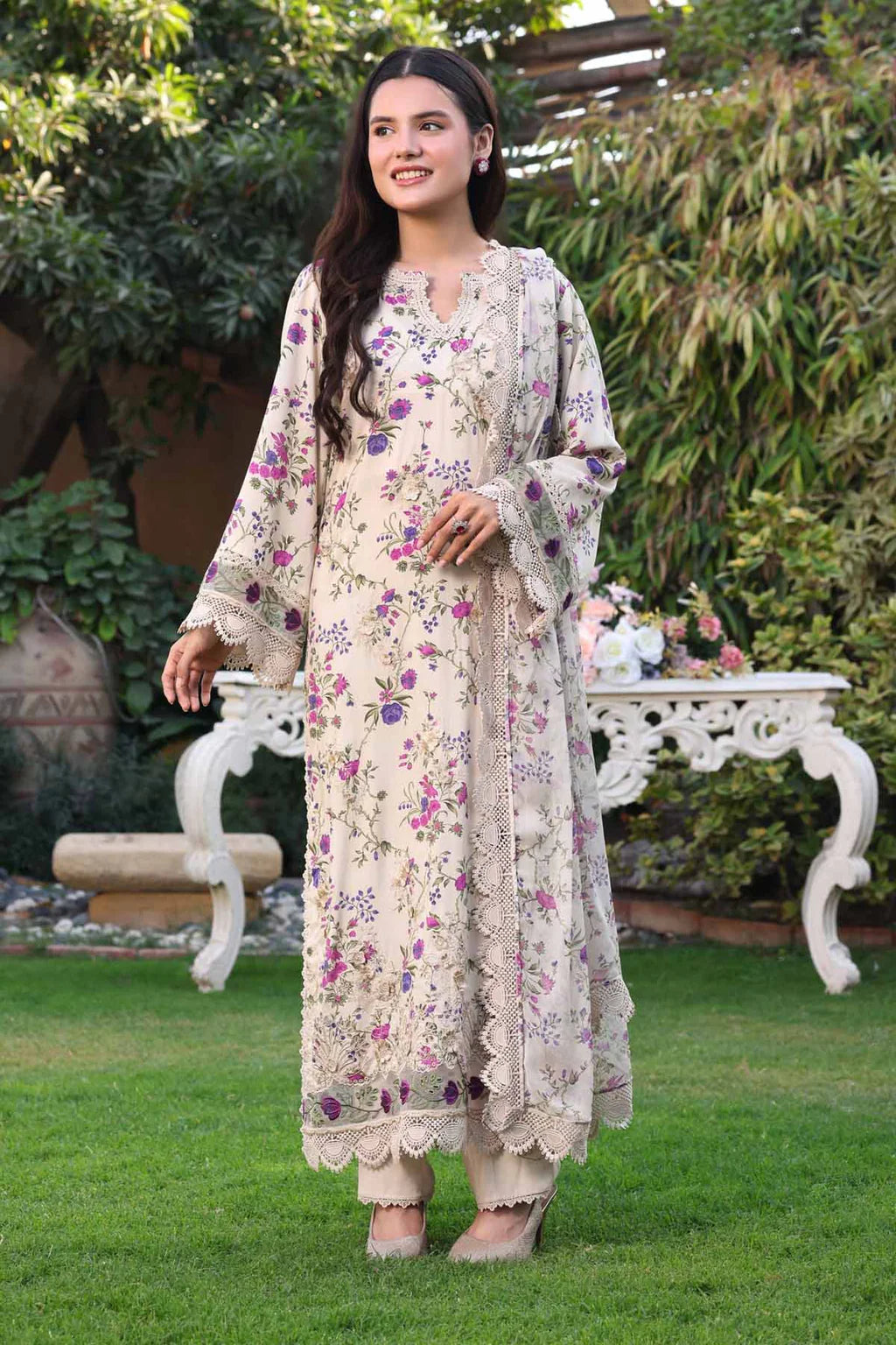 ANEELAS-3PC LAWN PRINTED CHIKAN EMB SHIRT WITH SILK PRINTED DUPATTA AND TROUSER-531