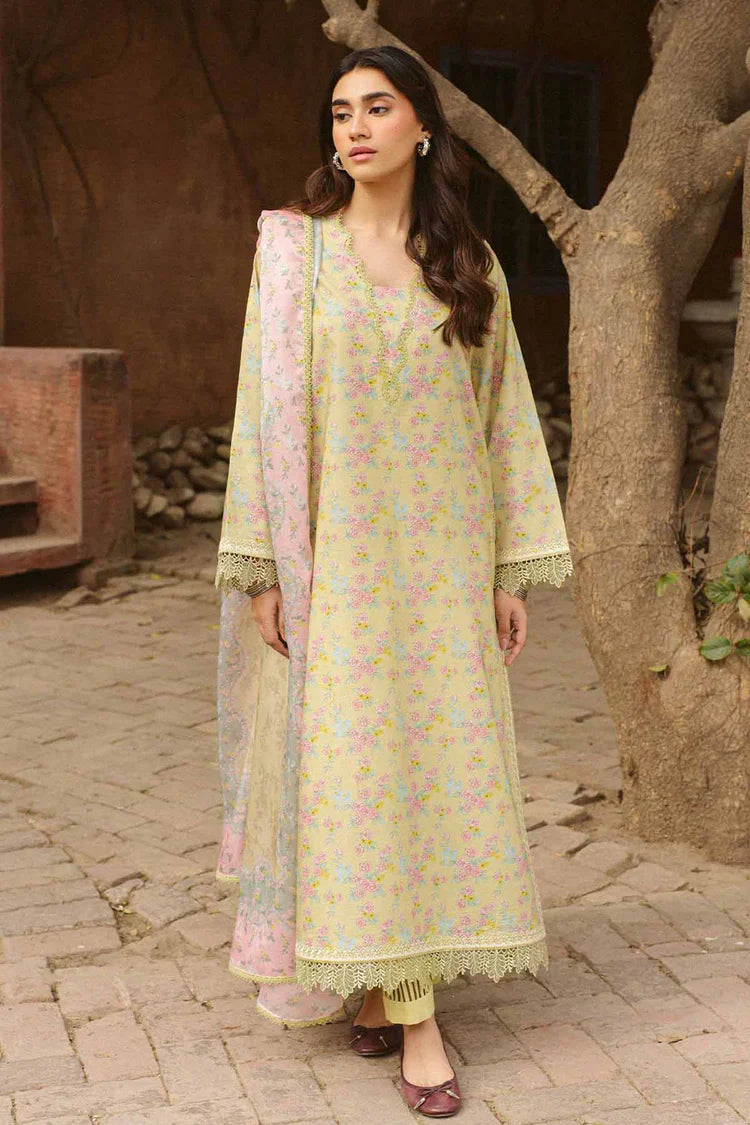AYZEL-3PC LAWN PRINTED EMB SHIRT WITH SILK PRINTED DUPATTA AND DYED TROUSER-UR-590