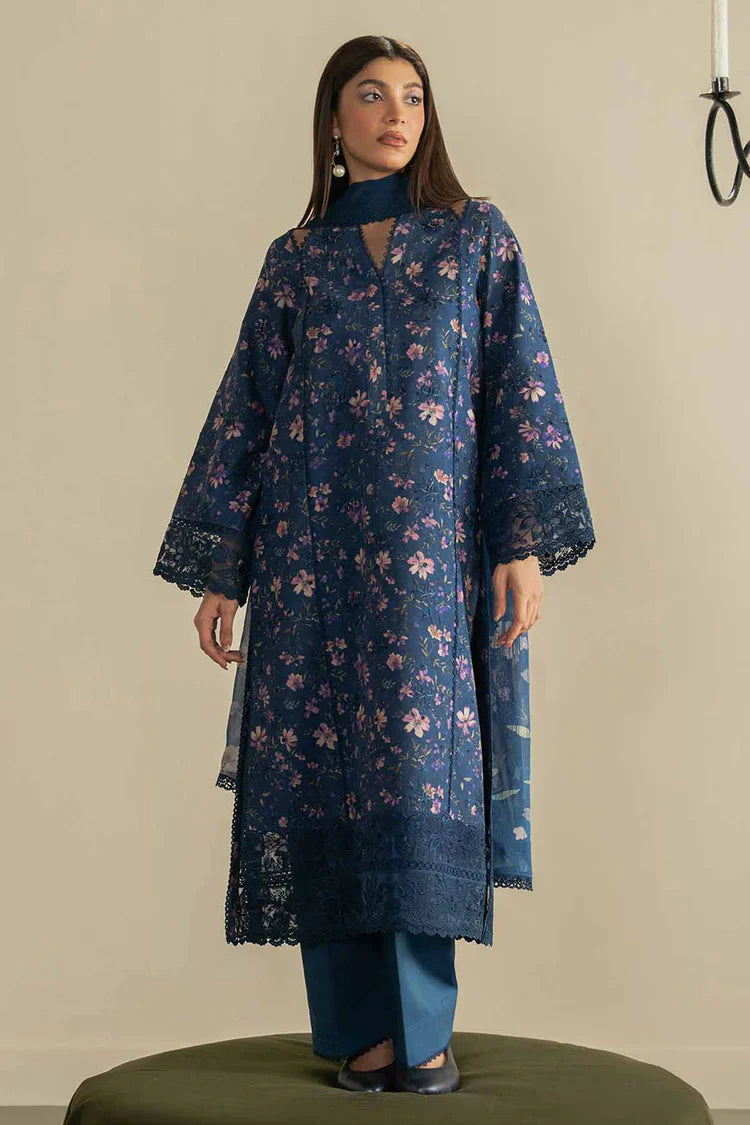 AYZEL-3PC LAWN PRINTED EMB SHIRT WITH SILK PRINTED DUPATTA AND DYED TROUSER-UR-507