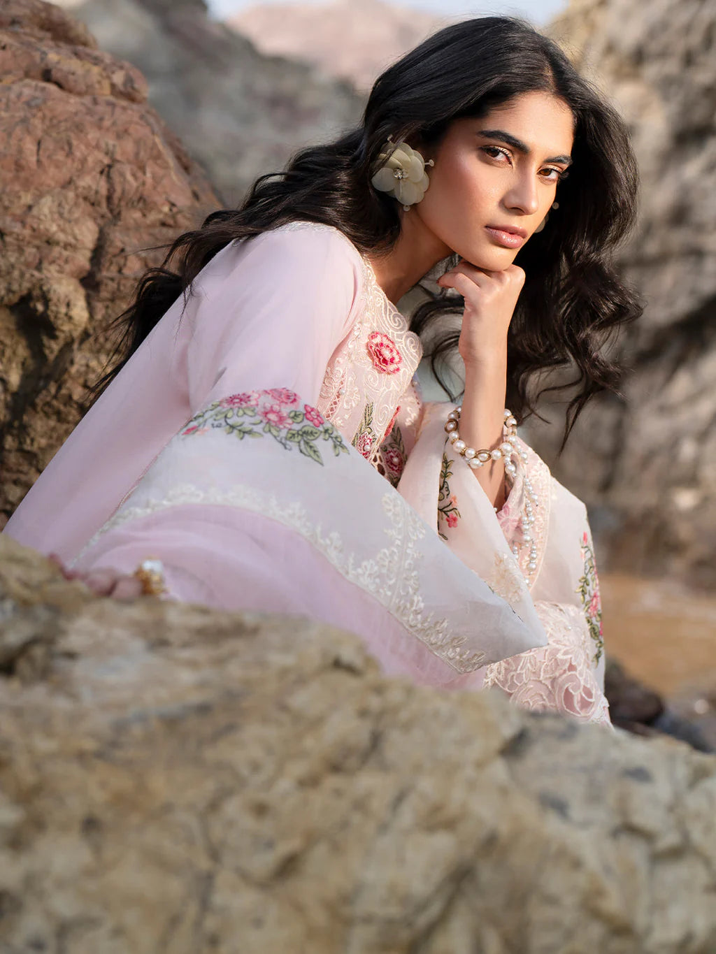 MAHNUR-3PC LAWN LASER WORK EMBROIDERED SHIRT WITH KHAADI NET EMBROIDERED DUPATTA AND TROUSER-UR-