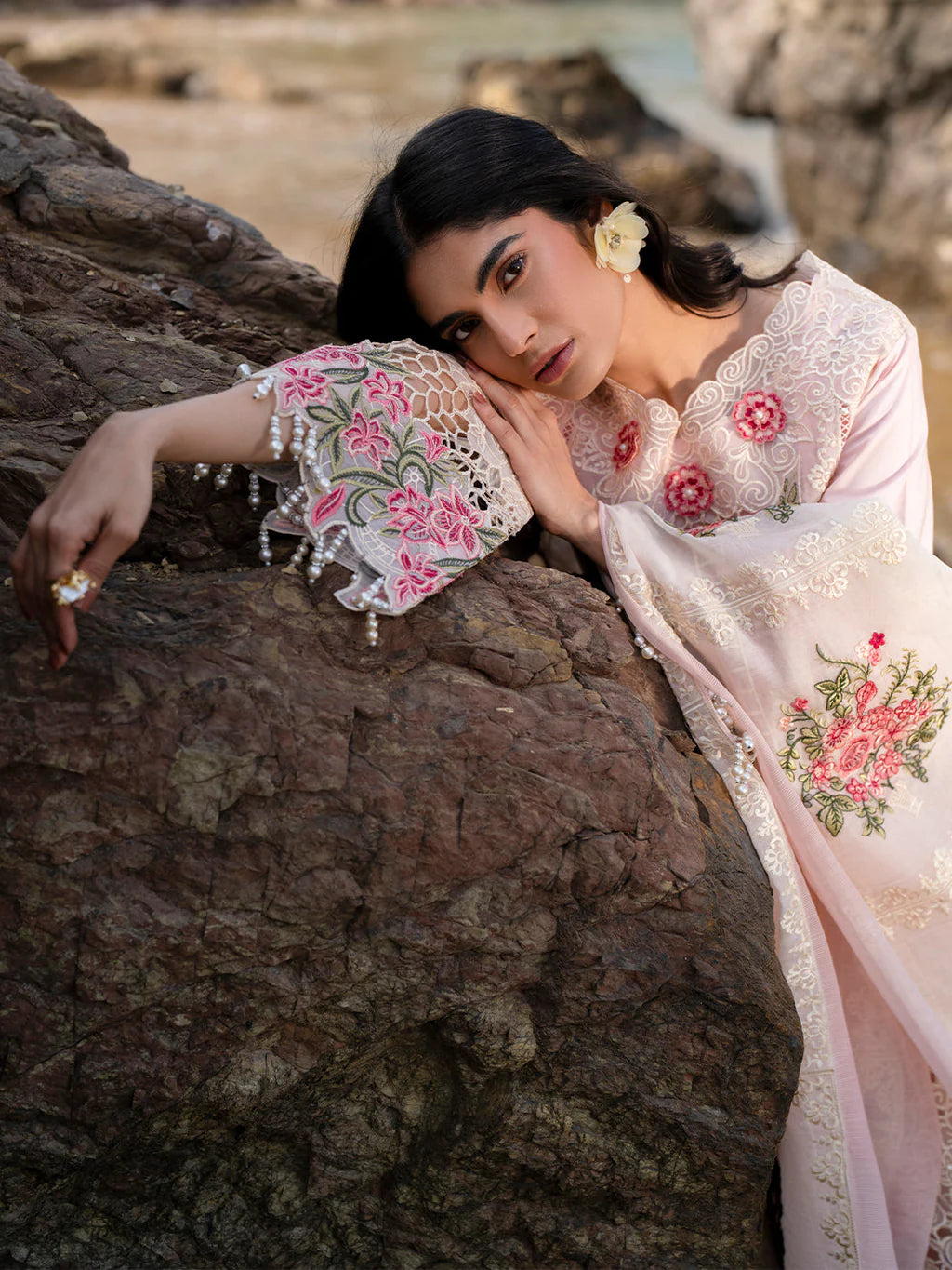MAHNUR-3PC LAWN LASER WORK EMBROIDERED SHIRT WITH KHAADI NET EMBROIDERED DUPATTA AND TROUSER-UR-