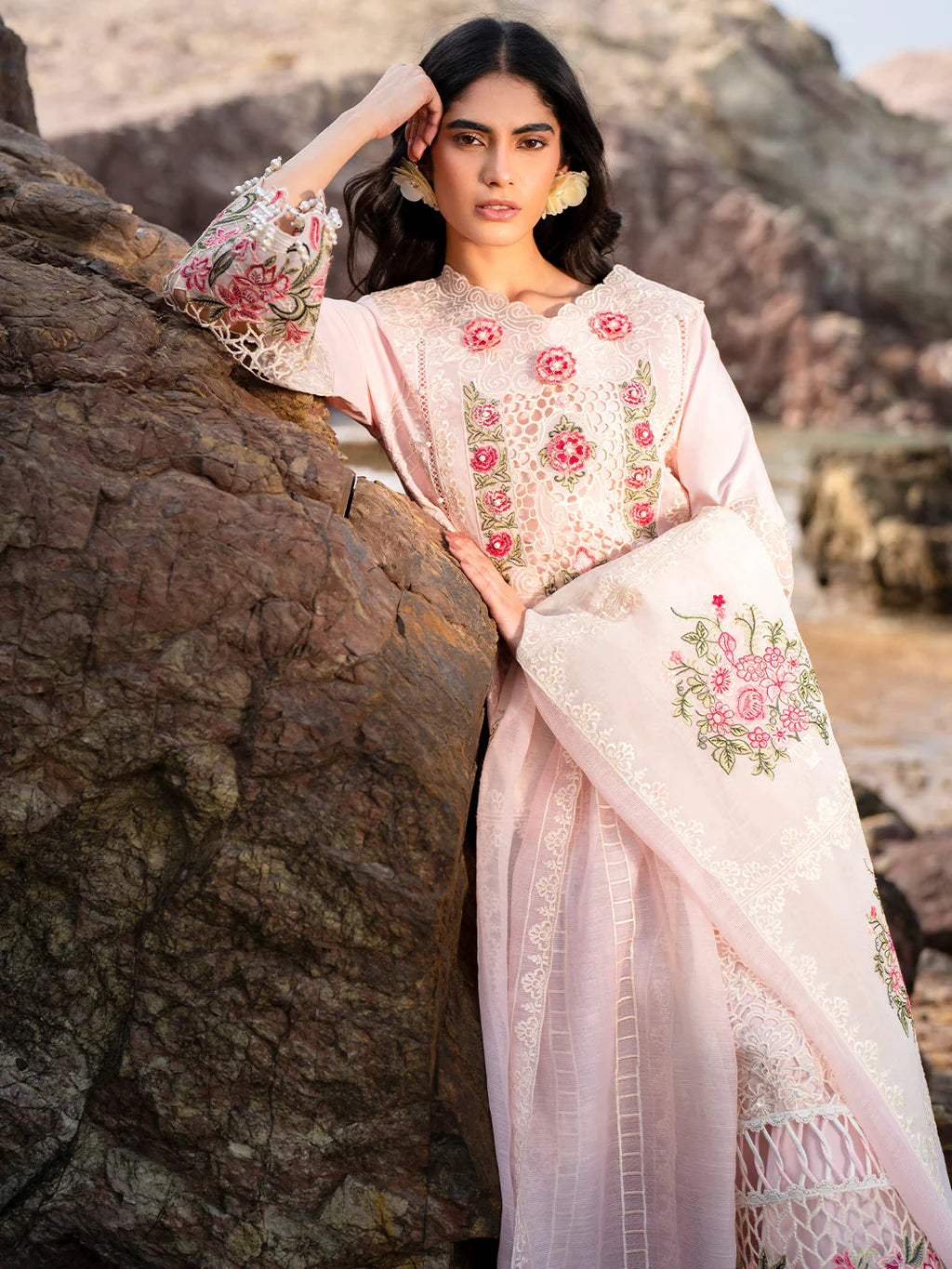 MAHNUR-3PC LAWN LASER WORK EMBROIDERED SHIRT WITH KHAADI NET EMBROIDERED DUPATTA AND TROUSER-UR-